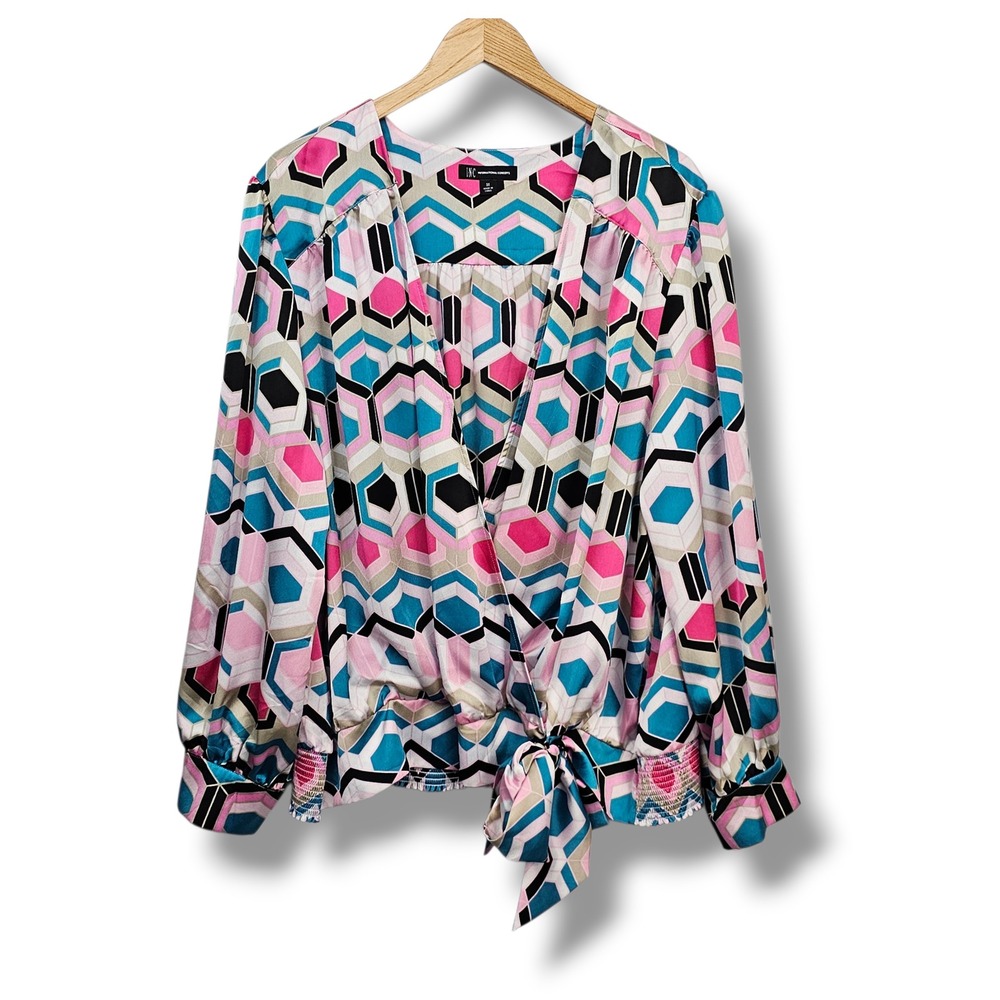 INC Wrap Top 3X Pink Teal Black Geometric Print Valentines Day Tie Front NEW $79